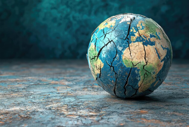 World map with warning signs or cracks